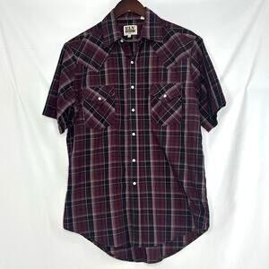 Vintage Ely Cattleman Western Shirt Mens Medium Pearl Snap Burgundy Black Plaid